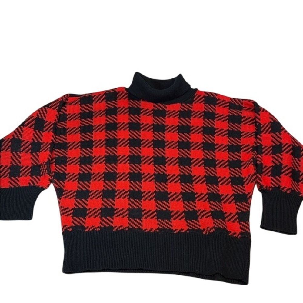 Vintage Retro Bright British Vogue Red Black Gingham Turtleneck Women's‎ Sweater